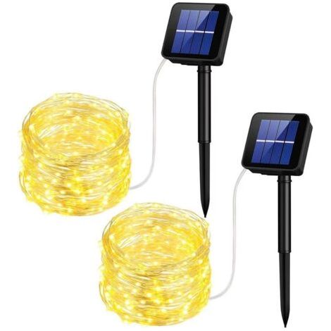 Lot de 2 guirlandes solaires 24 mètres – 240 micro LED blanc chaud – 8 modes d'animation – IP44 étanche pour extérieur