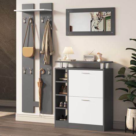 Vestiaire d'entrée - 1 miroir - 2 panneaux muraux - 1 étagère murale - 1 meuble à chaussures - gris