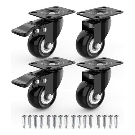4 Roulettes Pivotantes Pour Meubles dont 2 avec Frein + Vis - 50mm Jusqu'à 100KG - Roulette Sans Traces au Sol pour Charge Lourde - Roue en Caoutchouc pour Chariot - Noires (1/5)