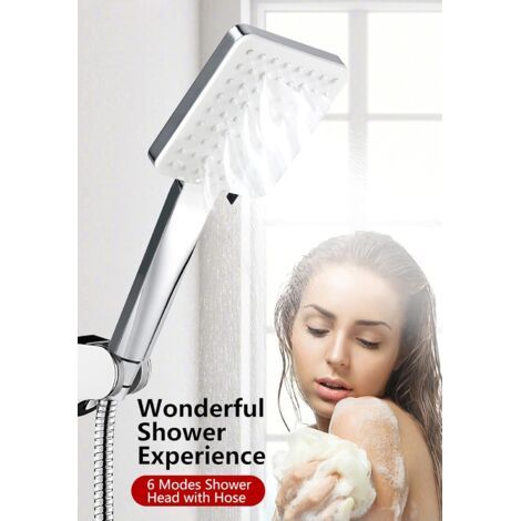 Pommeau de Douche avec Tuyau, Pommeau Douche Pression Carré, Pomme Douche Puissante de Remplacement Réglable Universelle, Douchette Douche 6 Modes avec 1.5M Tuyau, Chromés (1/3)