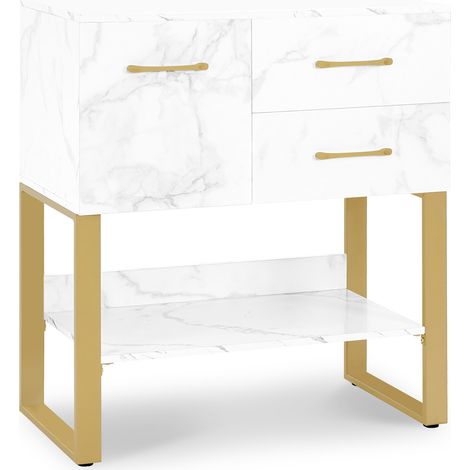 BarberPub Sideboard mit 2 Schubladen, Badezimmerschrank mit Schrank & Offener Ablage, Kommode Metallgestell, Beistellschrank für Friseursalon, Aufbewahrungsschrank Marmor-Weiß Gold, 40x80x90,5cm, 6678