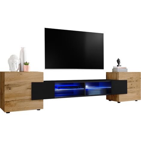 Extreme Furniture, Vitrines Murales Bridge v1, (LxHxP): 230 x 52.5 x 35, Partie centrale en Wotan Mat, Côtés en Noir, Portes Brillantes, LED bleues (1/3)