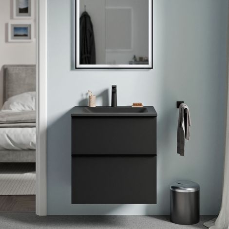 BERNSTEIN - Meuble vasque suspendu salle de bain MDF Noir mat, lavabo fonte minérale Noir mat + trou robinet, poignée métal Noir mat - 60x46x62cm - LAVOA Noir mat, Noir mat, Noir mat avec trou pour ro