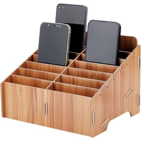 14 Ccellules Organisateur de Téléphone Portable en Bois, Portable Détachable Organisateur de Bureau Créatif pour Organisateur de Bureau de Bureau, Couleur Chocolat, 21.8x17.6x15 cm (1/5)