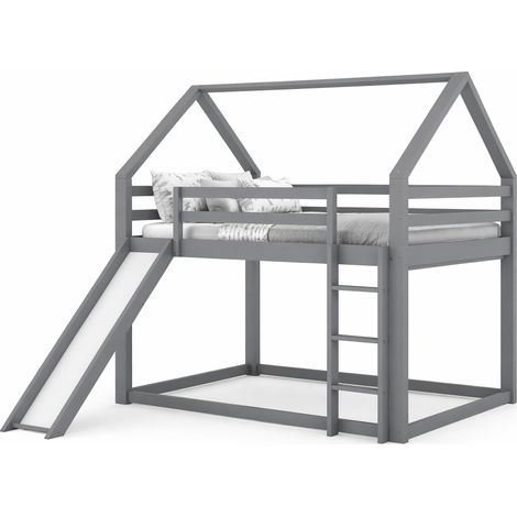 Lit superposé cabane avec toboggan et échelle 140x200 cm, gris, en bois de pin et MDF, pour 2 enfants, idéal pour chambre d'enfant - CHICFURN (1/5)