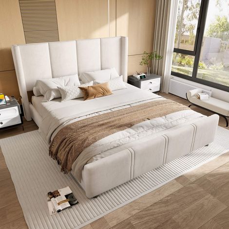 Cadre de lit rembourré 140x200 cm beige en velours, tête et pied de lit hauts, 2 ports USB/USB-C, structure métal et bois, sans matelas (1/5)