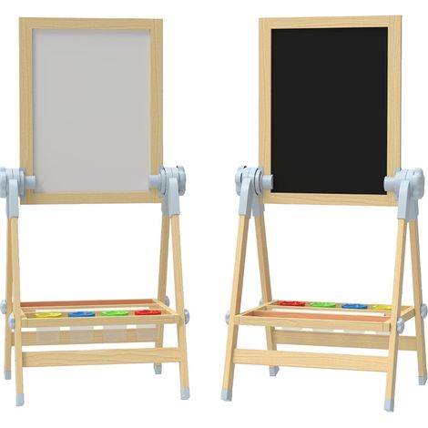 Tableau double face pour enfants en bois avec tableau blanc magnétique, tableau noir, papier rouleau et rangement, hauteur réglable, nature (1/5)