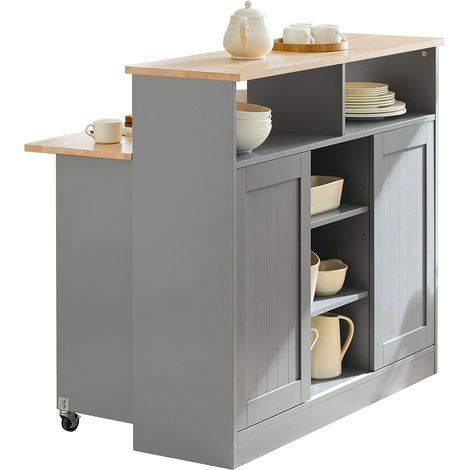 SoBuy Credenza con ante scorrevoli Isola cucina con piano di lavoro espandibile Credenza cucina Credenza grigio chiaro 110x68x97cm, FSB36-HG