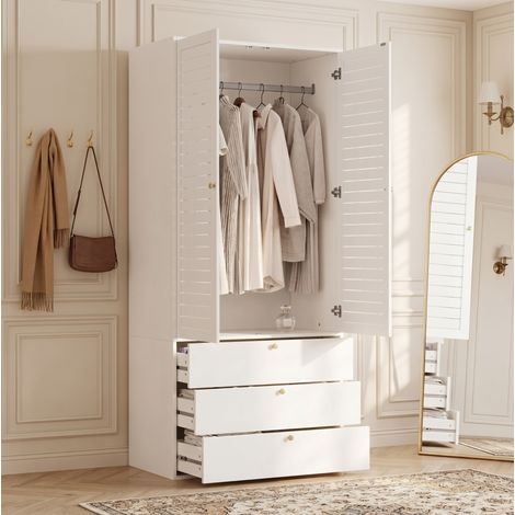 MODFU – Armadio 90x50x200 cm con 2 ante a persiana, appendiabiti e 3 cassetti – Bianco (1/5)
