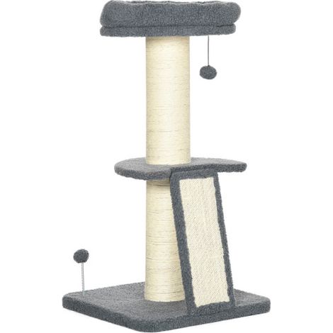 Tiragraffi a piattaforma singola con pallina da gioco appesa, in sisal, grigio scuro + bianco sporco, 48 x 48 x 92 cm, spedizione in loco. (1/5)