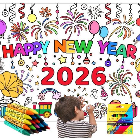 Nappe à colorier pour le Nouvel An pour enfants 2026, 183x76cm, imperméable, incl. 24 crayons