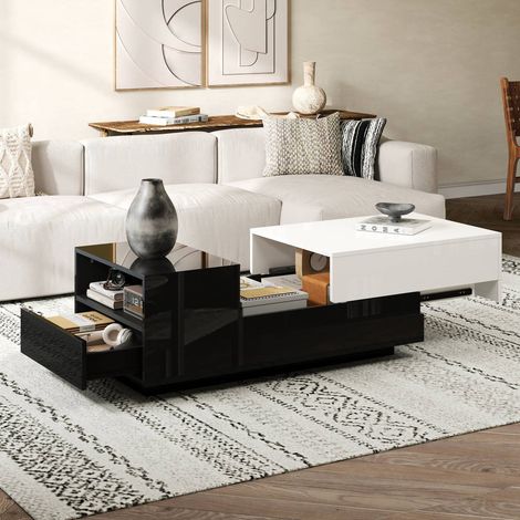Table basse 100x50x38 cm haut brillant avec tiroir et plateau coulissant, design géométrique noir et blanc (1/5)