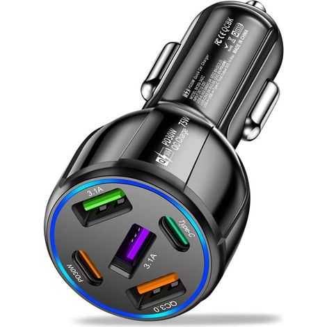 Adaptateur chargeur de voiture 5 ports USB C, 30 W PD3 & QC3.0 Chargeur de voiture répartiteur allume-cigare USB Chargeur USB de voiture Charge rapide pour iPhone, Samsung Galaxy, téléphone, tablettes