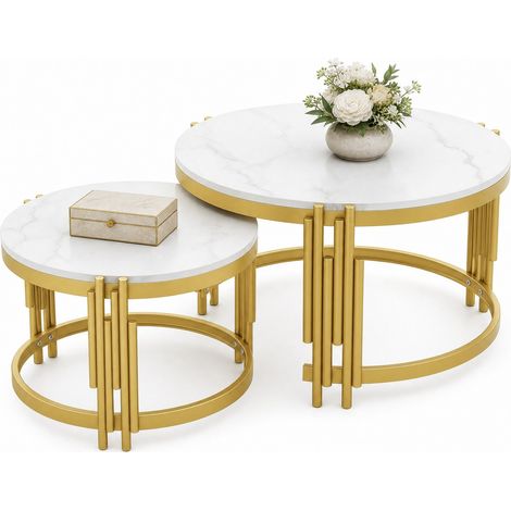 Lot de 2 tables basses gigognes rondes effet marbre blanc et métal antique doré, design modulable gain de place pour salon ou bureau CHICFURN (1/5)