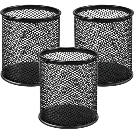 Drei hochwertige schwarze Metall-Stiftehalter (9 x 9 x 10 cm) für Büros und zur Aufbewahrung von Schreibwaren.