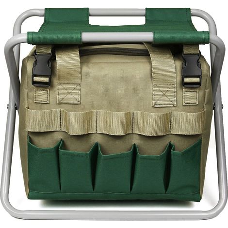 Tabouret de jardinage pliable avec sac à outils amovible, organisateur d'outils, chaises de camping pliables d'extérieur pour jardinage, tabouret avec sac de rangement (1/5)