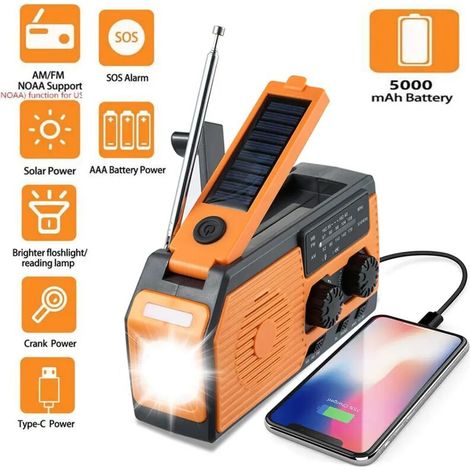 Radio solaire d'urgence 10 000 mAh, chargement USB, manivelle, FM, AM, WB, NOAA, météo, avec lampe de poche LED (1/5)