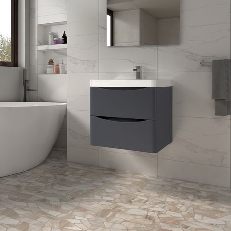 Anthracite Vanity Unit Bathroom Basin Sink Wall Hung Drawers Storage Furniture (1/5)