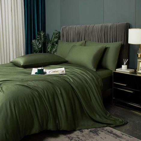 Duvet Cover 220 x 240 cm Olive Green Lyocell Bamboo Bedding Set Plain Double Silk Smooth Silky Shiny Adult Plain Bedding Set with Zip and 65 x 65 cm Pillowcases (1/5)