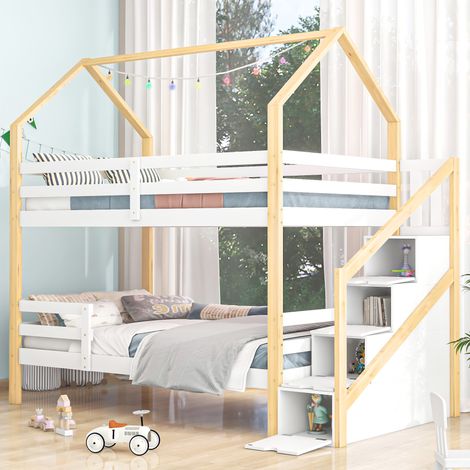 Litera, cama cabaña, cama infantil de 90 x 200 cm con armario escalera, blanco y natural, sin colchón (1/5)
