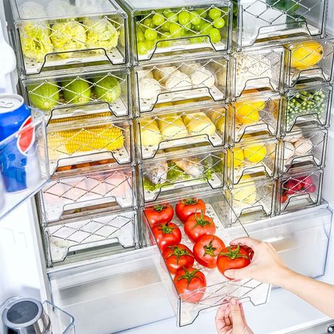 Fridge Storage, Kitchen Storage and Organization, Fridge Cheese Box, Plastic Stackable Drawer Storage Box for Cabinet, Cupboard, Bathroom (Set of 2, 32x12x11.3cm) (1/5)