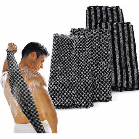 Lot de 4 serviettes exfoliantes japonaises, gommage pour le dos sous la douche, gants de toilette exfoliants, pour peaux sensibles et rugueuses (noir), 2 quadrillées + 2 rayées (1/5)