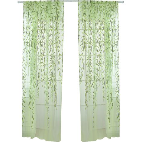 Voile Fenêtre - Rideau Transparent Imprimé Osier et Broderie Vintage - Vert - 100 x 270 cm - Lot de 2