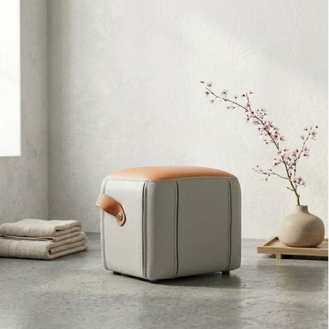 Pouf moderno in pelle sintetica PU con maniglia, imbottito, grigio e arancione (1/5)