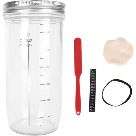 Kit de levain : bocal en verre de 700 ml avec spatule, couvercle en tissu, repère de niveau d’alimentation et indicateur de température. Idéal pour la préparation du levain. (1/5)