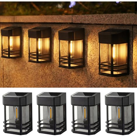 Lampe Solaire Exterieur Jardin, 4 Packs Lumiere Solaire Exterieur Étanche, Rétro LED Applique Solaire Exterieur Décoration pour Chemin Terrasse Patio Clôture Balcon, Blanc Chaud (1/5)