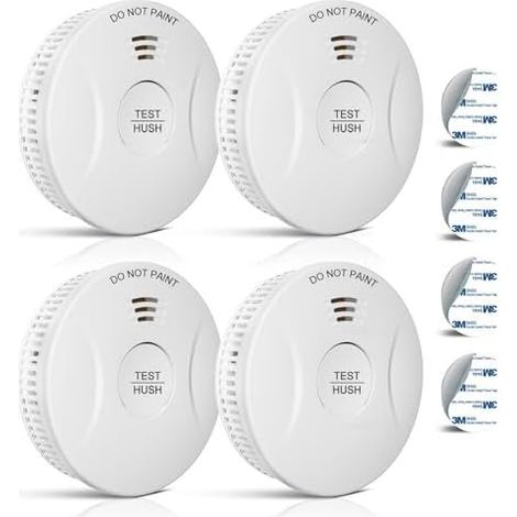 Smoke detector with a 10-year battery life, featuring adhesive pads, a silent mode, and an 85-decibel audible alarm (4 pieces) (1/5)