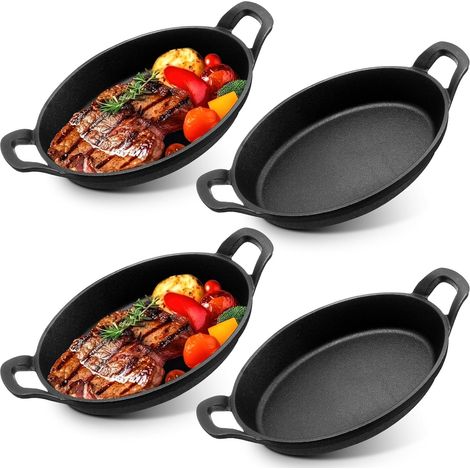 Lot de 4 Mini Poêles en Fonte avec Poignées, 21 x 15 cm Plat de Service Ovale en Fonte, Plat à Four Individuel Pré-assaisonné, Poêle Polyvalente pour Cuisson, Four, Camping et Cuisine (1/5)