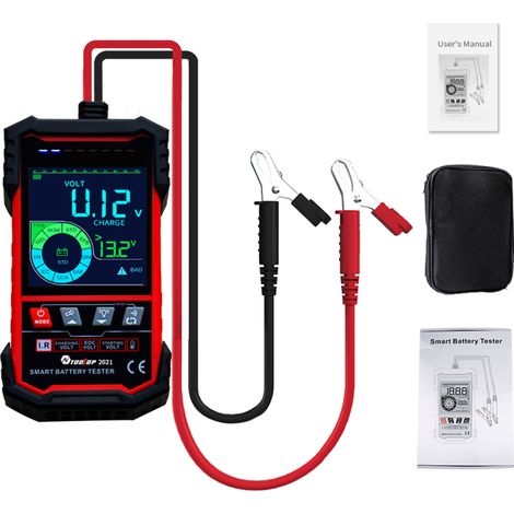 Testeur intelligent de batterie avec écran couleur 3,2 pouces, 12 V / 24 V, fonction d’éclairage et protections multiples (noir)