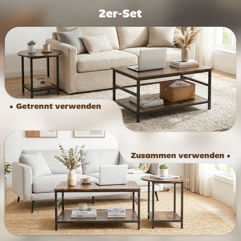 Table basse 2 pièces, table rectangulaire et ronde avec rangement à 2 niveaux, pour salon, brun rustique (1/5)
