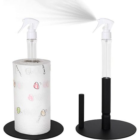 Porte-essuie-tout en acier inoxydable avec flacon pulvérisateur intégré, idéal pour une utilisation sur le comptoir, avec base lestée antidérapante (noir). (1/5)