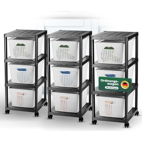 Novaliv 3x chariot à roulettes 4 niveaux avec 9x panier en rotin et couvercle blanc, étagère de salle de bain cuisine de salle de bain, chariot de