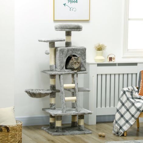 Arbre à chat multifonctionnel avec griffoir, poteaux à griffer, plateformes, échelle, hamac et balle suspendue, gris (1/5)