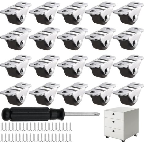 Lot de 20 roulettes pour meubles avec plaque en acier - Avec 40 vis et 1 tournevis - Convient pour meubles, armoires, boîtes à outils, petits appareils électroménagers, projets de bricolage - 1,2 cm (1/5)