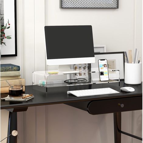 MEUBLIV Supporto monitor trasparente in acrilico 50,8 x 19 x 12 cm, 2 livelli, senza montaggio (1/5)