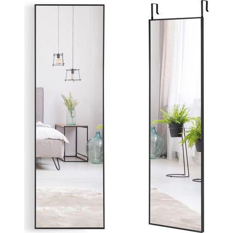 COSTWAY Specchio da Parete Lungo, Specchio da Terra Appendere con Cornice in Lega di Alluminio e Ganci, Per Camera da Letto e Soggiorno, 120 x 37 cm (Nero)