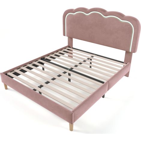 Cama doble tapizada LED 140 x 200 cm en terciopelo rosa con cabecero regulable y somier (1/5)