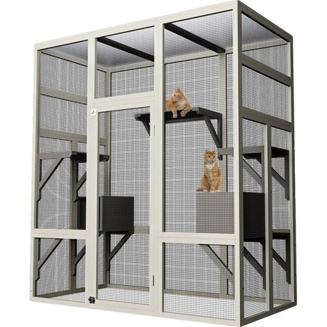 Jaula para gatos, caseta grande de 178 cm con acceso al exterior, cubierta impermeable, diseño espacioso para varios gatos, color gris. (1/2)