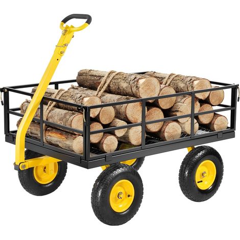Chariot de Jardin Transport, Charge 544,31 kg, Chariot Utilitaire Robuste Tractable Extérieur Métal 2 en 1 Pneus Tout-terrain 330 mm, Côtés Amovibles en Maille, Poignée Rotative 180°, Jaune Noir (1/5)