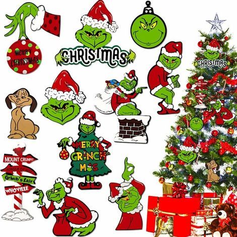 Accessoire pour sapin de Noël,Grinch Lot de 24 décorations de Noël en papier à suspendre pour sapin de Noël (1/5)