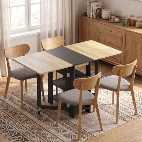 Table à Manger Pliante sur Roulettes, Table de Cuisine pour 2 à 4 Personnes avec Étagères de Rangement, Chêne et Noir (1/5)