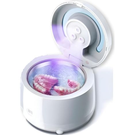 Appareil de nettoyage ultrasonique UV pour prothèses dentaires, aligneurs, bijoux, protège-dents, têtes de brosse à dents, 42 kHz, blanc.