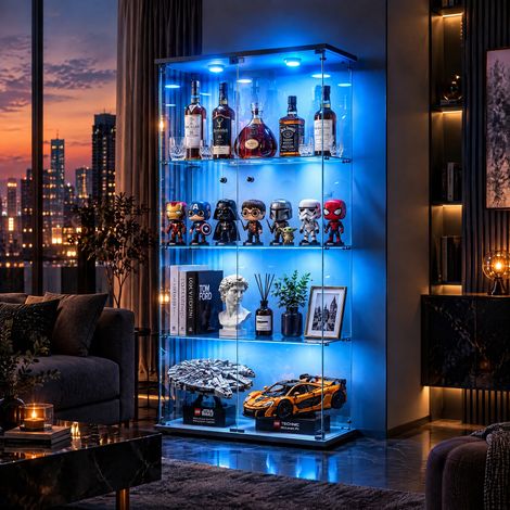JOOKGBD-Glasvitrine,vitrinenschrank mit 2Türen 4Regalen transparent,Glasvitrine mit LED-Beleuchtung,Sammlerstücke Glasvitrine,Vertikale Glasvitrine,für Wohnzimmer Schlafzimmer Büro,Weiß