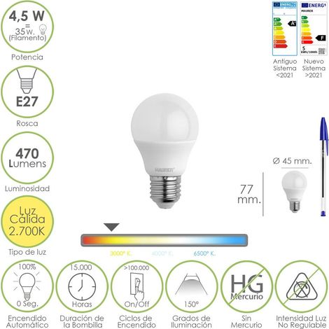 Bombilla Led Esferica Rosca E27 4.5 Watt. Equivale A 55 Watt. 470 Lumenes. Luz Cálida (2700º K)