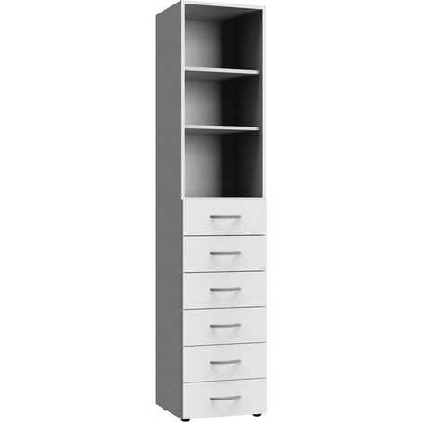 Armoire, meuble de rangement avec 2 étagères et 6 tiroirs coloris Blanc - longueur 40 x hauteur 185 x profondeur 40 cm