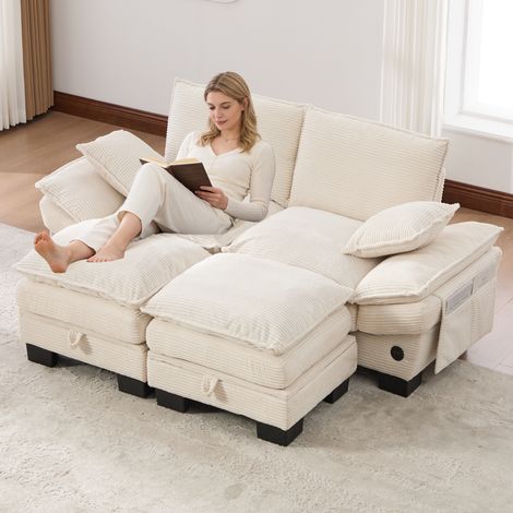 Canapé modulaire 2 places avec 2 tabourets en velours côtelé,siège ergonomique,mousse haute densité,port USB-C et poches latérales. (1/5)